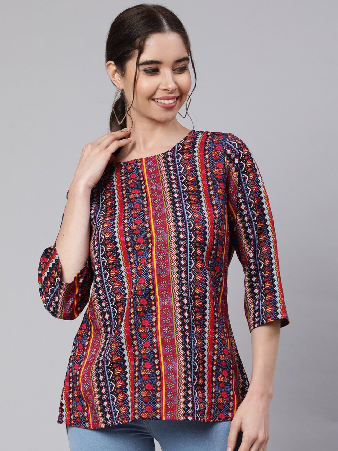 

SAK JAIPUR Ethnic Motifs Printed Bell Sleeves Top, Blue