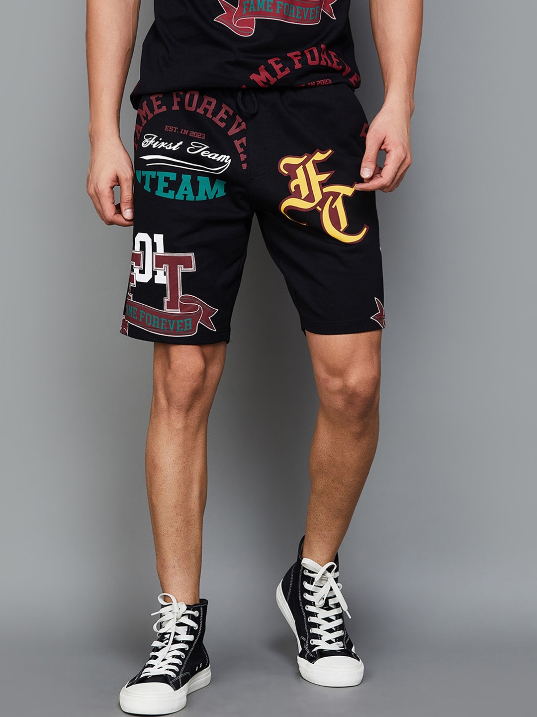 

Fame Forever by Lifestyle Men Typography Printed Mid Rise Cotton Shorts, Black