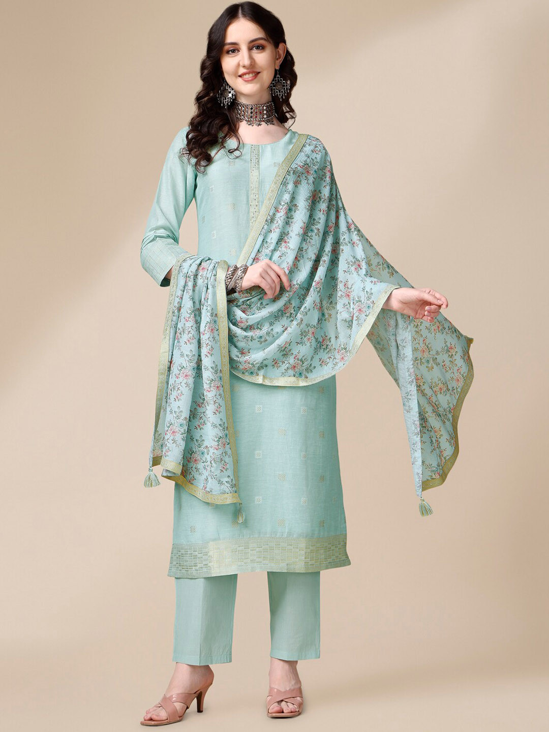 

Seerat Linen Jacquard Straight Kurta With Trousers And Linen Printed Dupatta, Turquoise blue