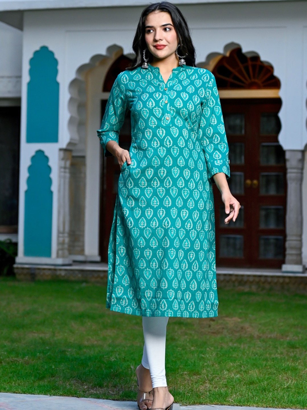 

Nishika Ethnic Motifs Printed Cotton Kurta, Turquoise blue