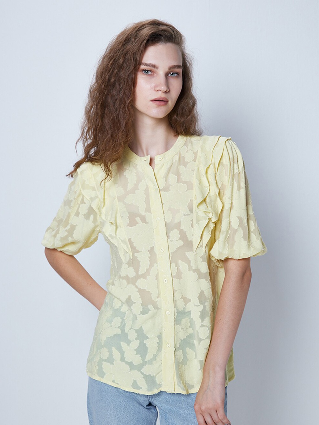 

COVER STORY Yellow Self Design Ruffled Casual Shirt