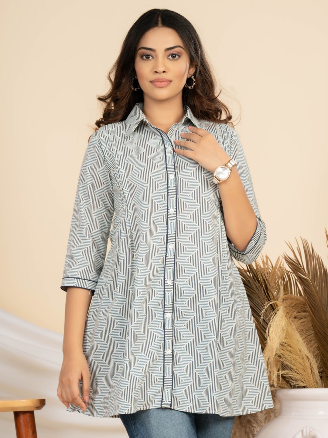 

WEAVLLITE Geometric Printed Shirt Collar Pure Cotton Tunic, Blue