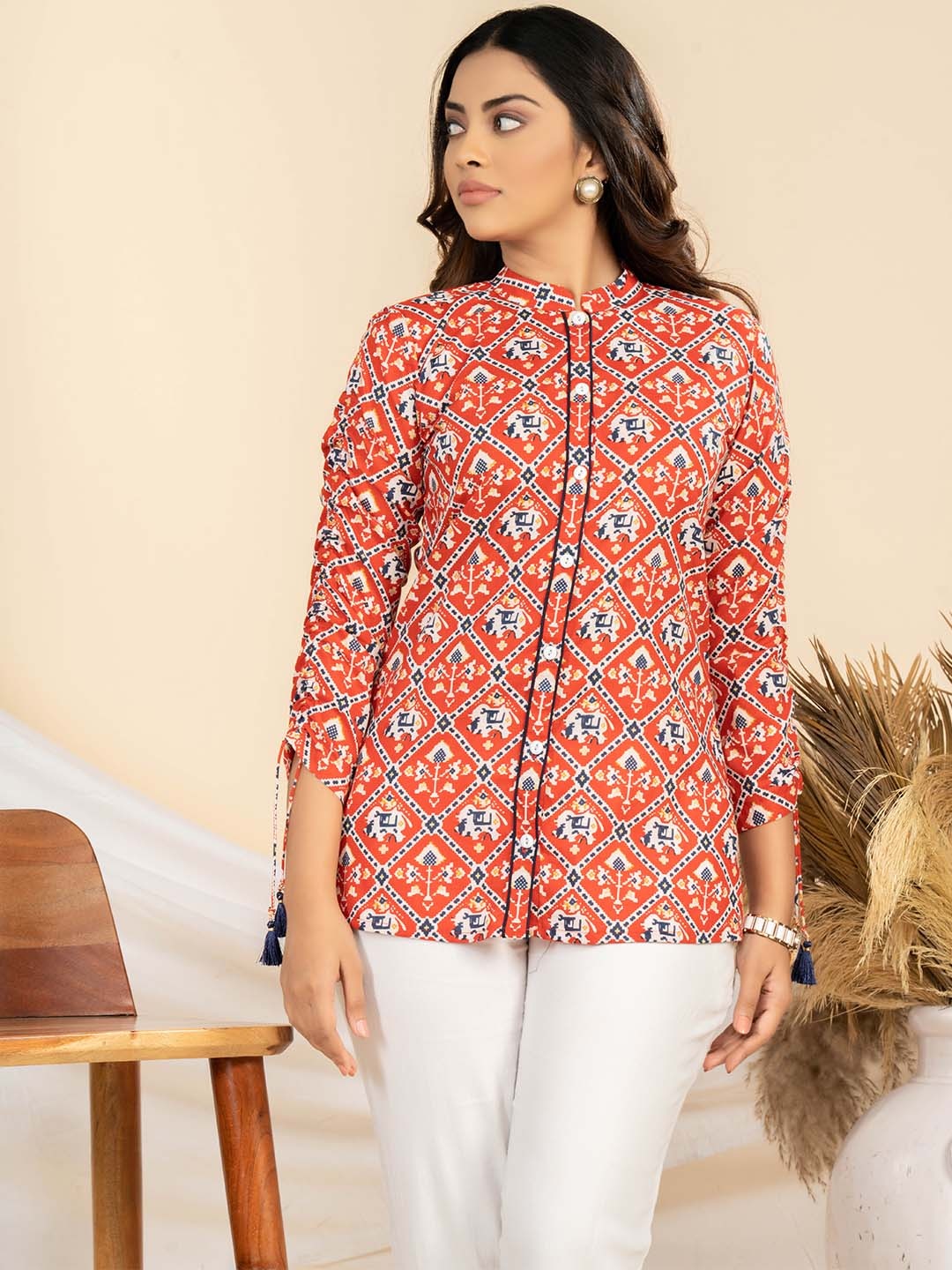 

WEAVLLITE Ethnic Motifs Printed Mandarin Collar Pure Cotton Tunic, Red