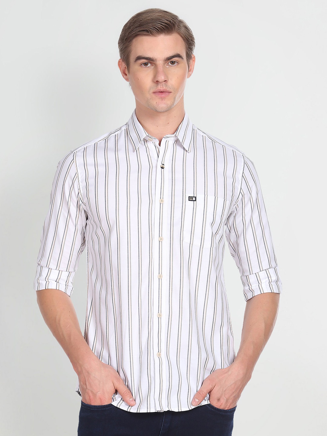 

Arrow Vertical Stripe Striped Spread Collar Pure Cotton Slim Fit Casual Shirt, White