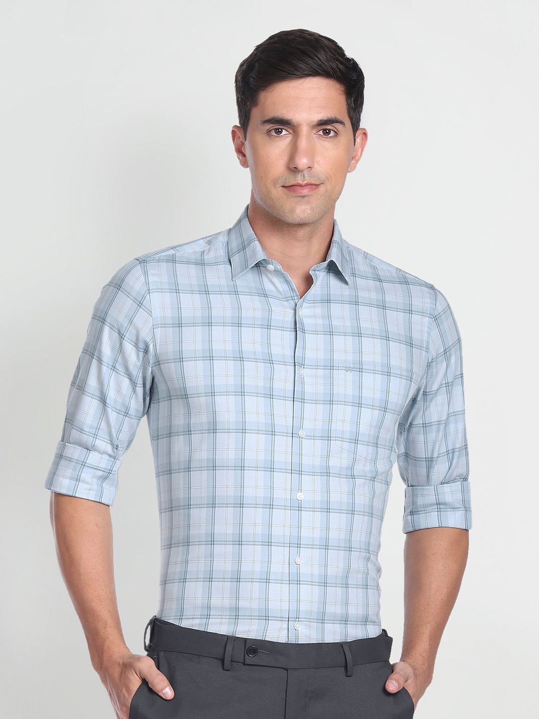 

Arrow Tartan Checks Checked Spread Collar Pure Cotton Formal Shirt, Grey