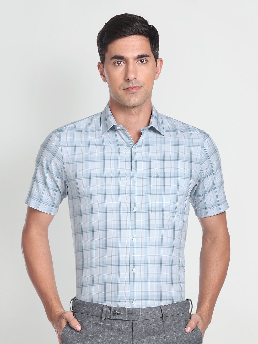 

Arrow Tartan Checks Checked Spread Collar Pure Cotton Formal Shirt, Blue