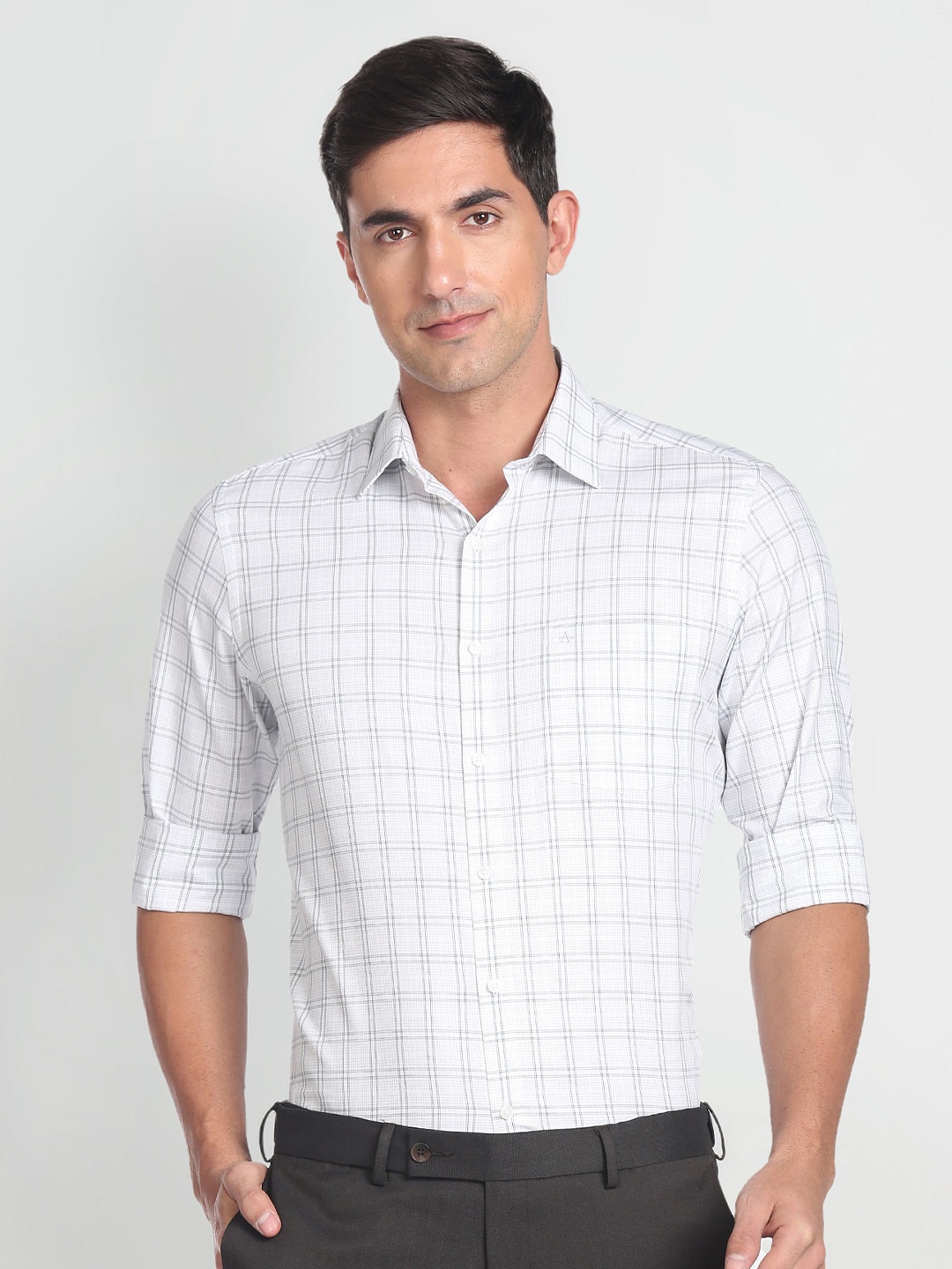 

Arrow Checked Spread Collar Pure Cotton Formal Shirt, Grey