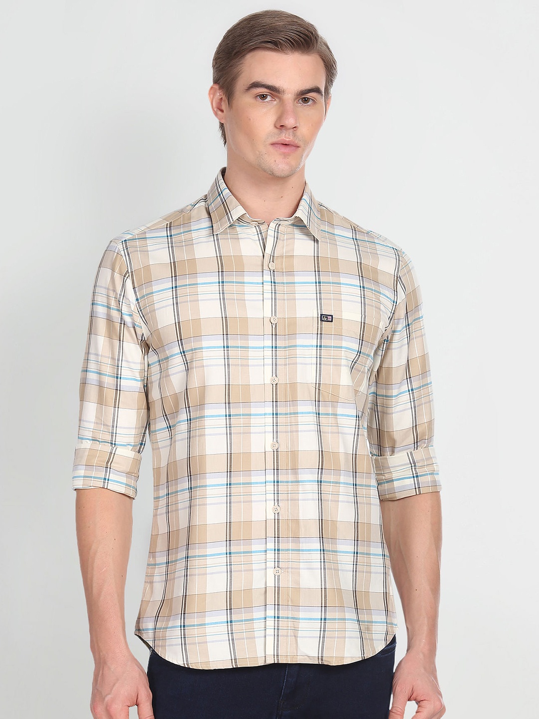 

Arrow Sport Tartan Checked Regular Fit Spread Collar Opaque Cotton Casual Shirt, Brown