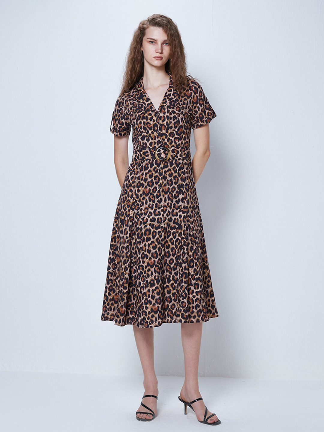 

COVER STORY Brown Animal Printed V-Neck Belted A-Line Midi Dress