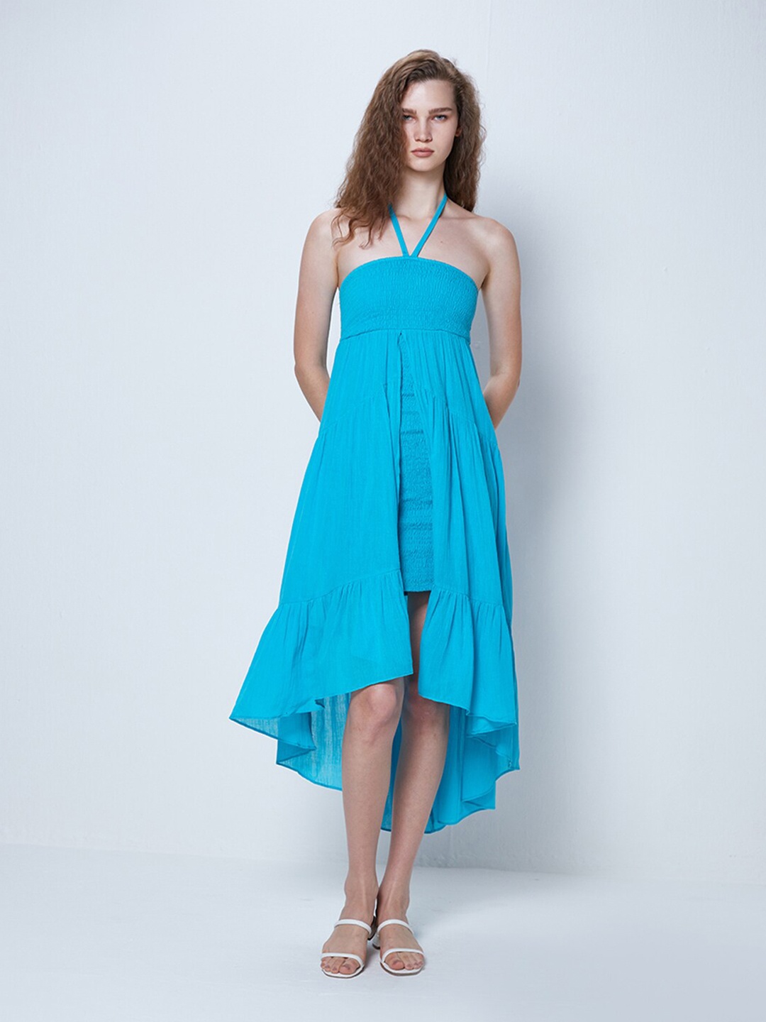 

COVER STORY Blue Tie-Up Neck Smocked Detail Tiered Cotton Fit & Flare Midi Dress