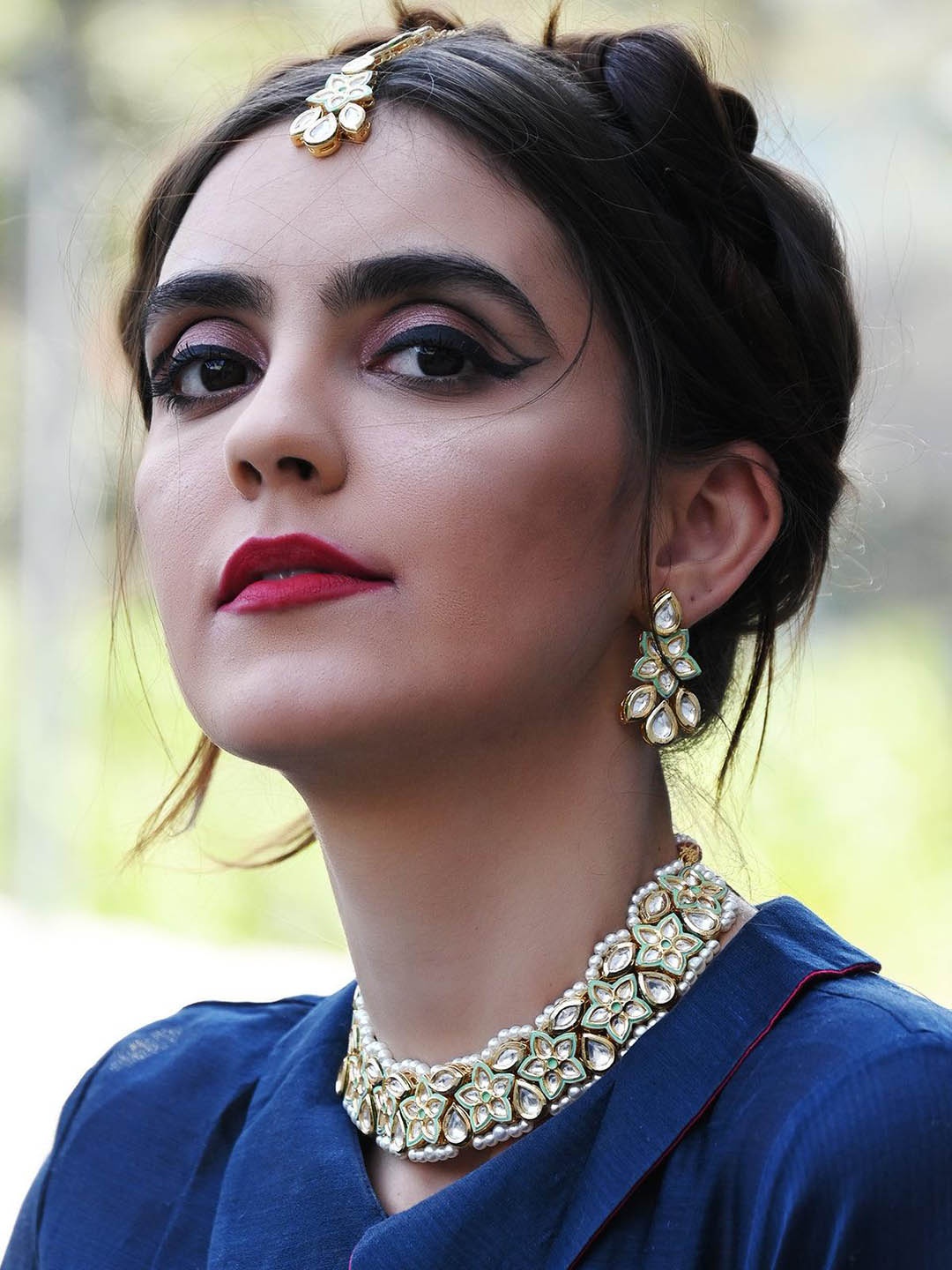 

ODETTE Gold-Plated Stone-Studded Choker Traditional Necklace & Earring With Maang Tika