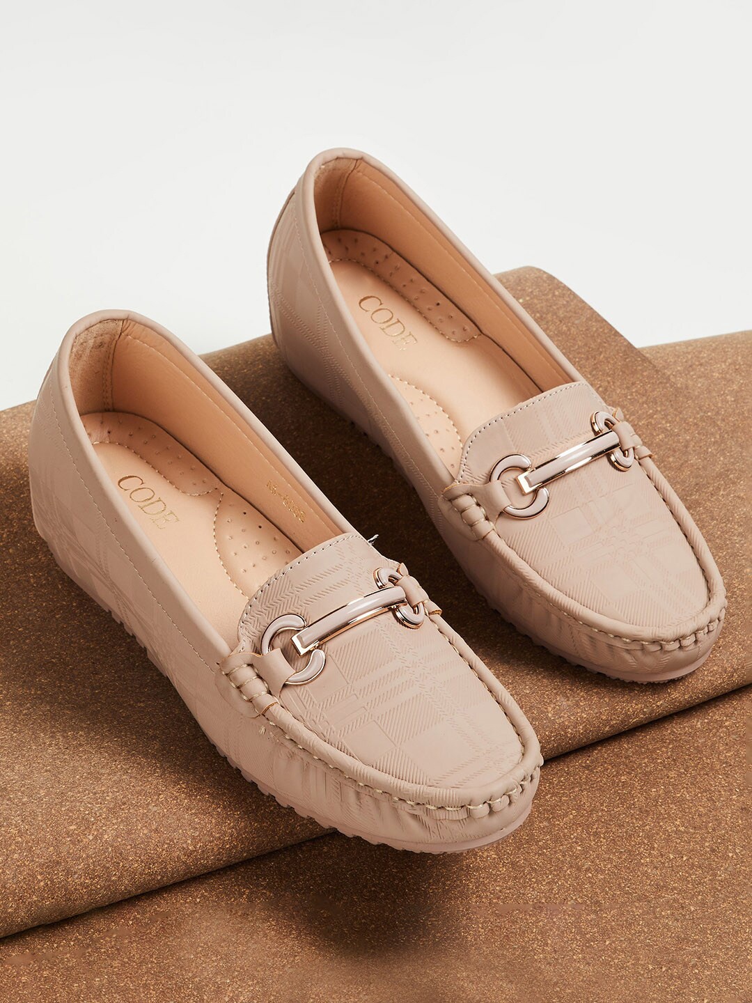 

CODE by Lifestyle Women Textured Buckled Loafers, Beige