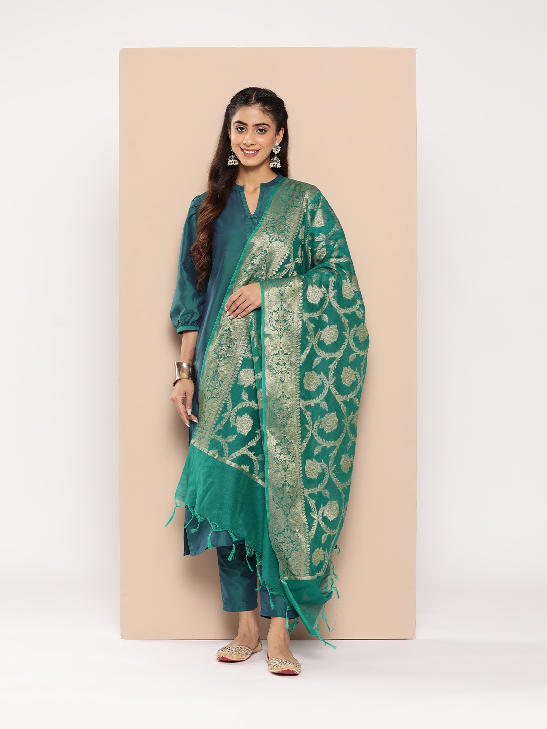 

HERE&NOW Women Kurta with Trousers & With Dupatta, Green