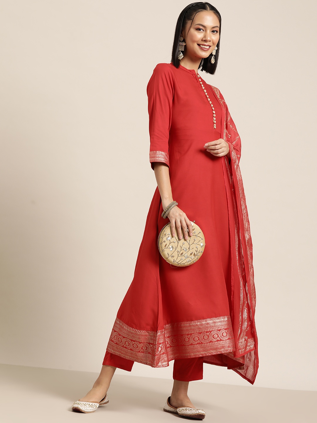 

HERE&NOW Regular Kurta with Trousers & Dupatta, Red