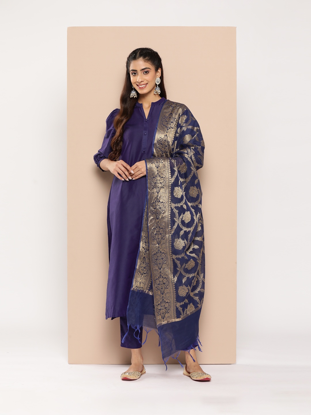 

HERE&NOW Women Kurta with Trousers & With Dupatta, Navy blue