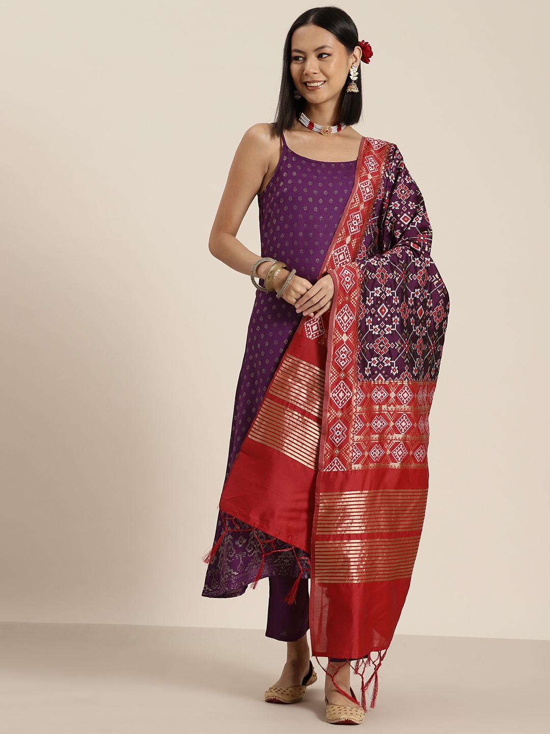 

HERE&NOW Ethnic Motifs Printed Woven Design Detail Kurta With Trousers & Dupatta, Purple