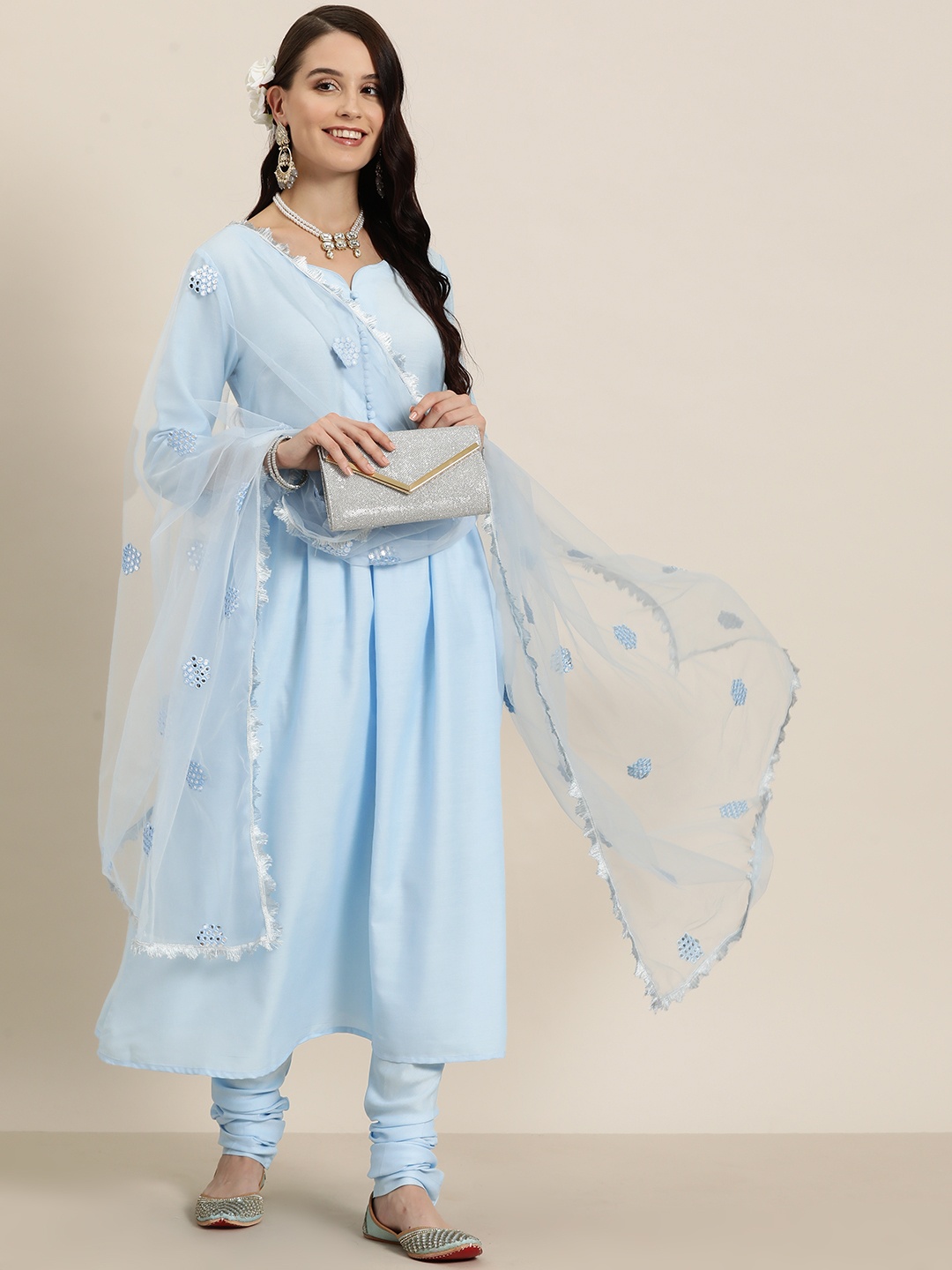 

HERE&NOW Solid Pleated A-Line Kurta with Churidar & Dupatta, Blue
