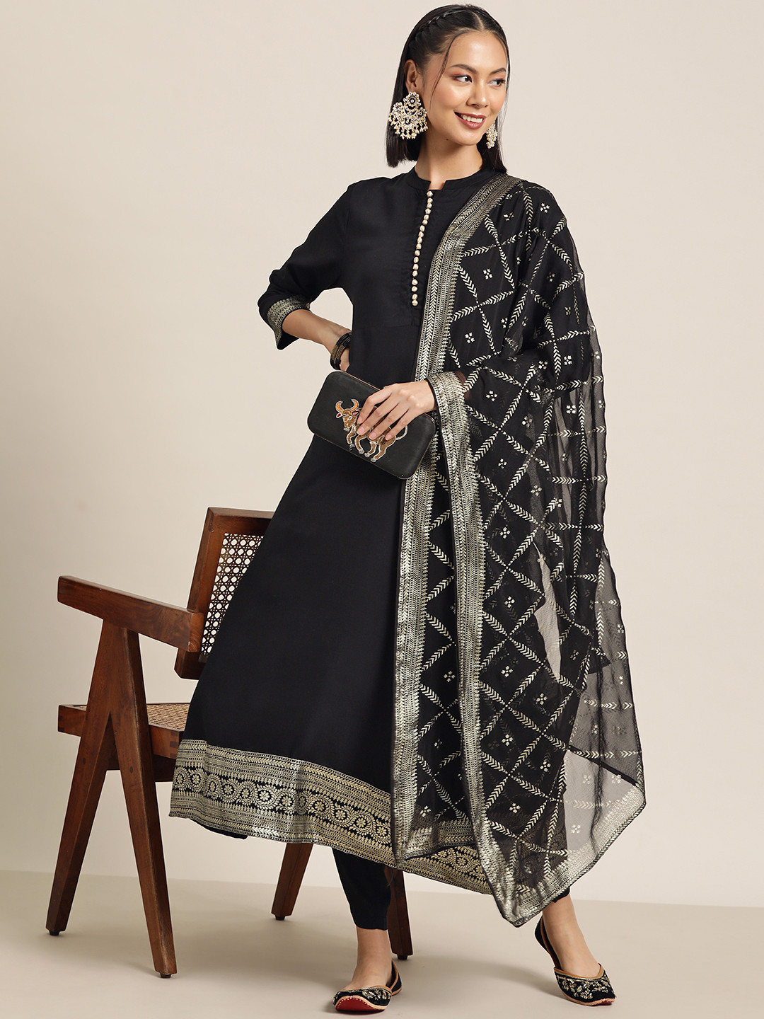 

HERE&NOW Regular Kurta with Trousers & Dupatta, Black