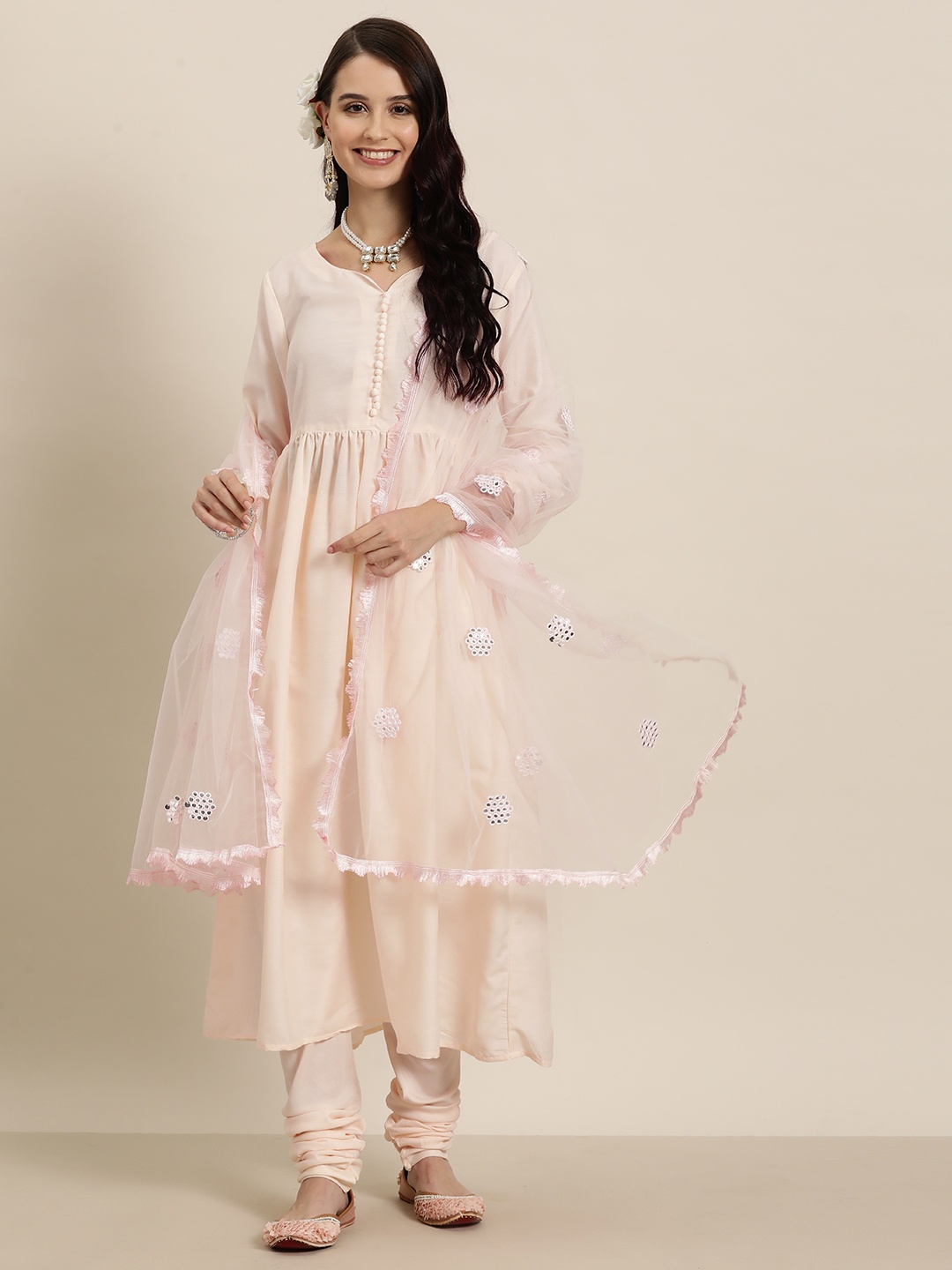 HERE&NOW Solid Pleated A-Line Kurta with Churidar & Dupatta, Peach