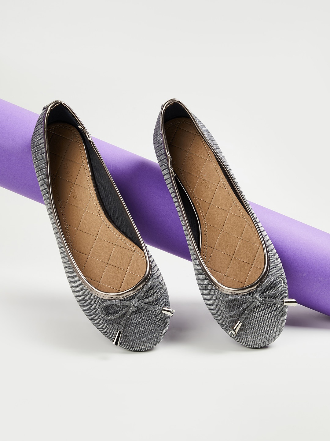 

Melange by Lifestyle Embellished Slip-On Ballerinas With Bows, Grey