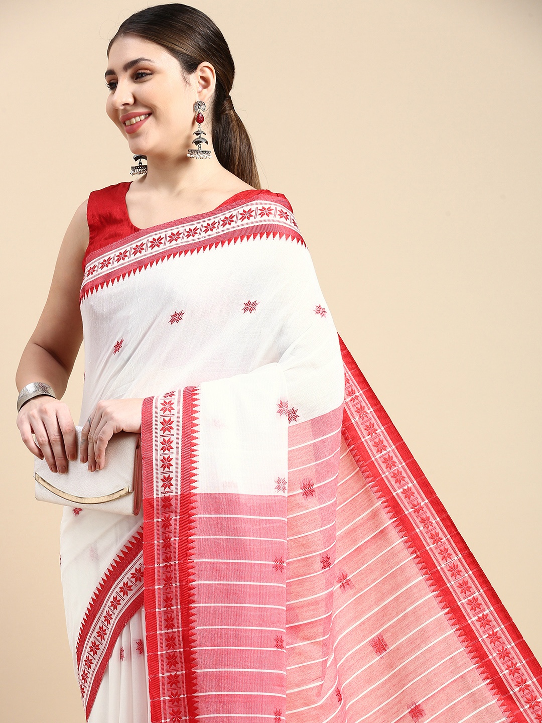 

DESH BIDESH Woven Design Ethnic Motifs Pure Cotton Taant Saree, White