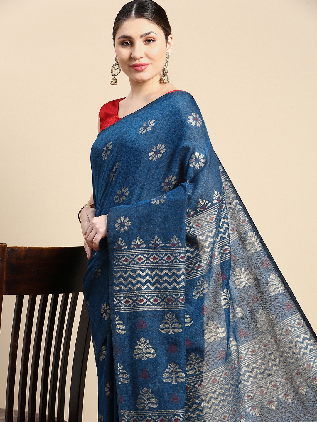 

DESH BIDESH Blue Ethnic Motifs Pure Cotton Khadi Saree