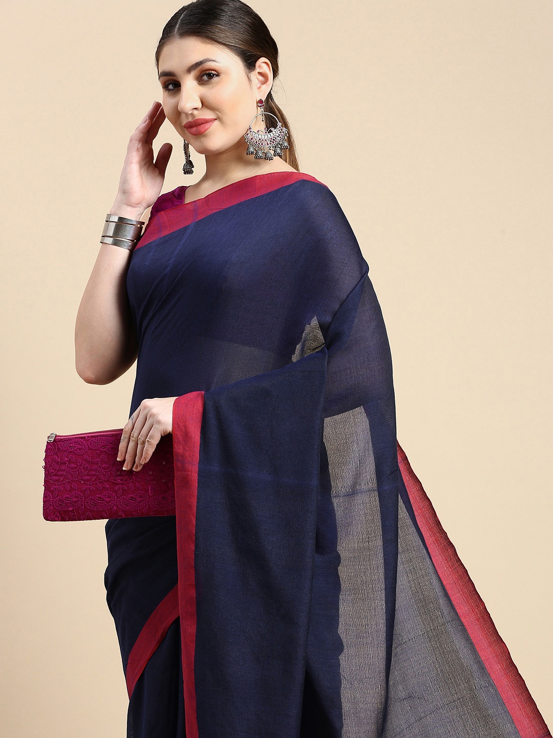 

DESH BIDESH Solid Pure Cotton Taant Saree, Blue