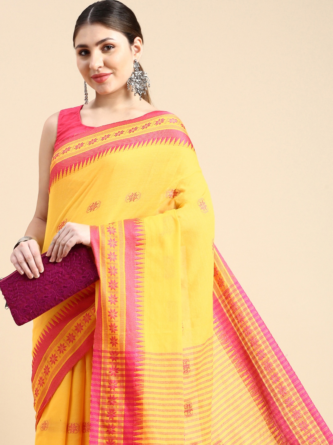 

DESH BIDESH Woven Design Ethnic Motifs Pure Cotton Taant Saree, Yellow