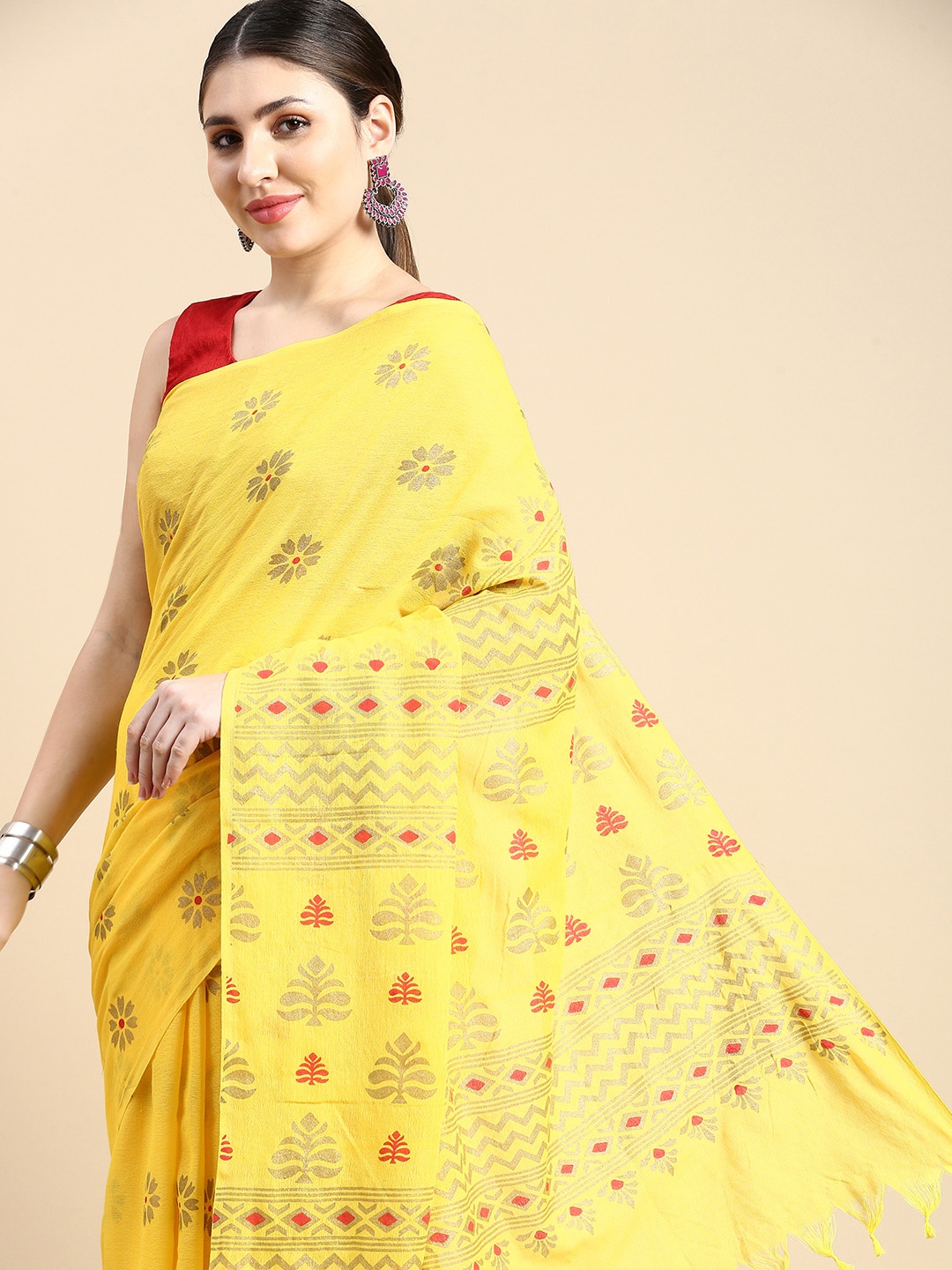 

DESH BIDESH Ethnic Motifs Printed Pure Cotton Khadi Saree, Yellow