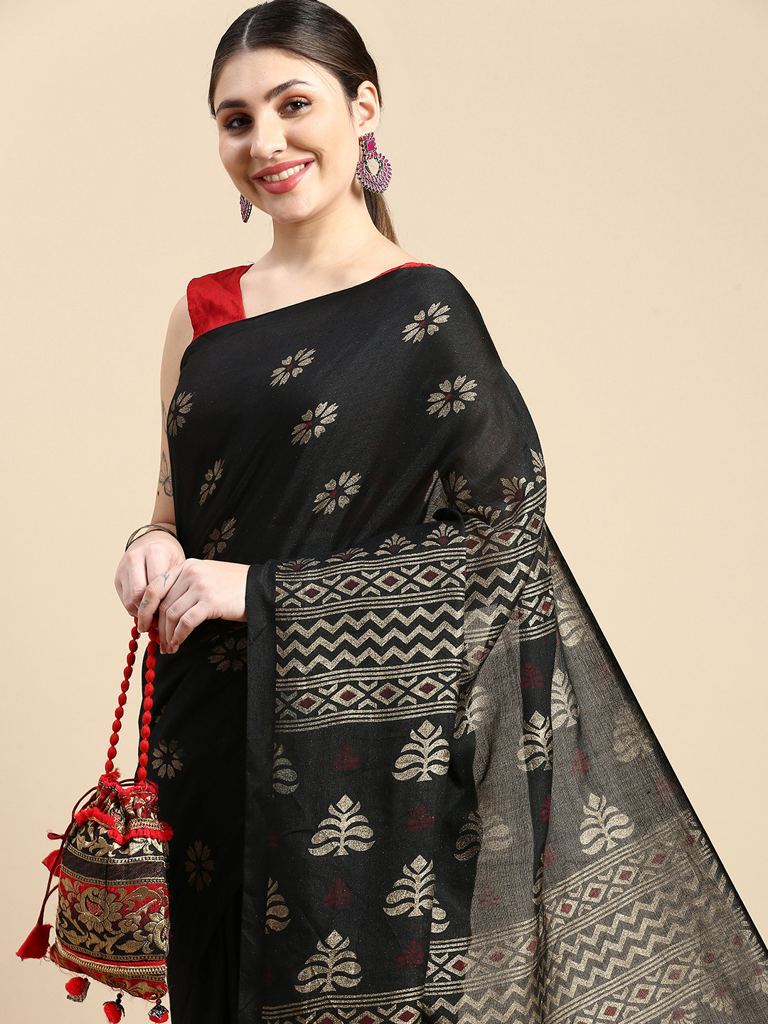

DESH BIDESH Ethnic Motifs Printed Pure Cotton Khadi Saree, Black