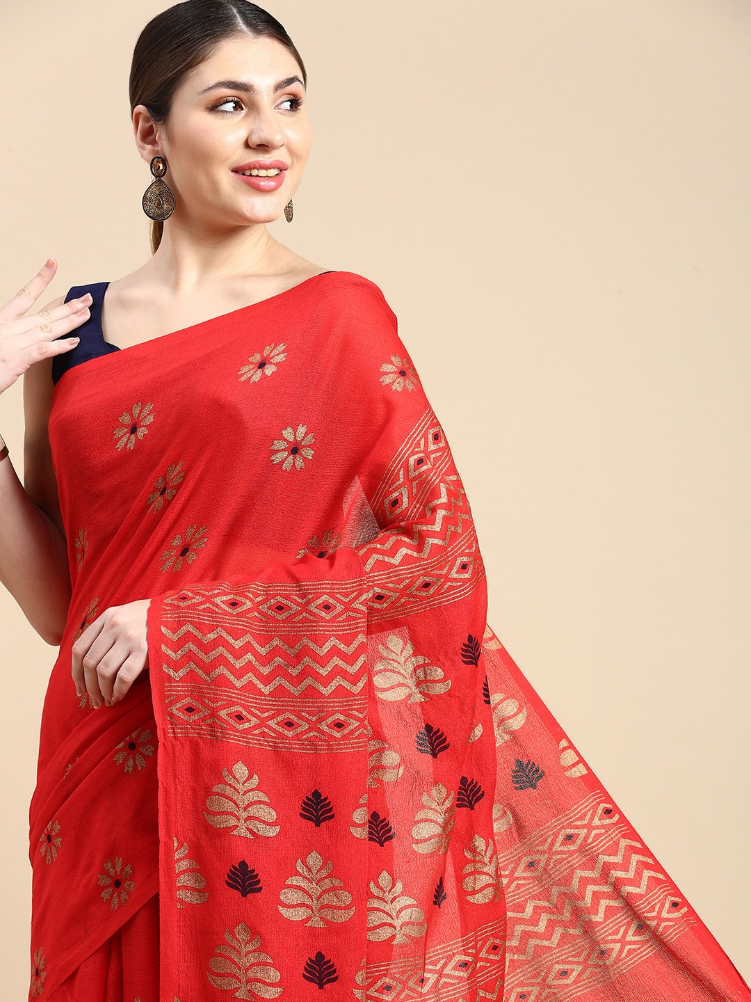 

DESH BIDESH Woven Design Floral Pure Cotton Taant Saree, Red