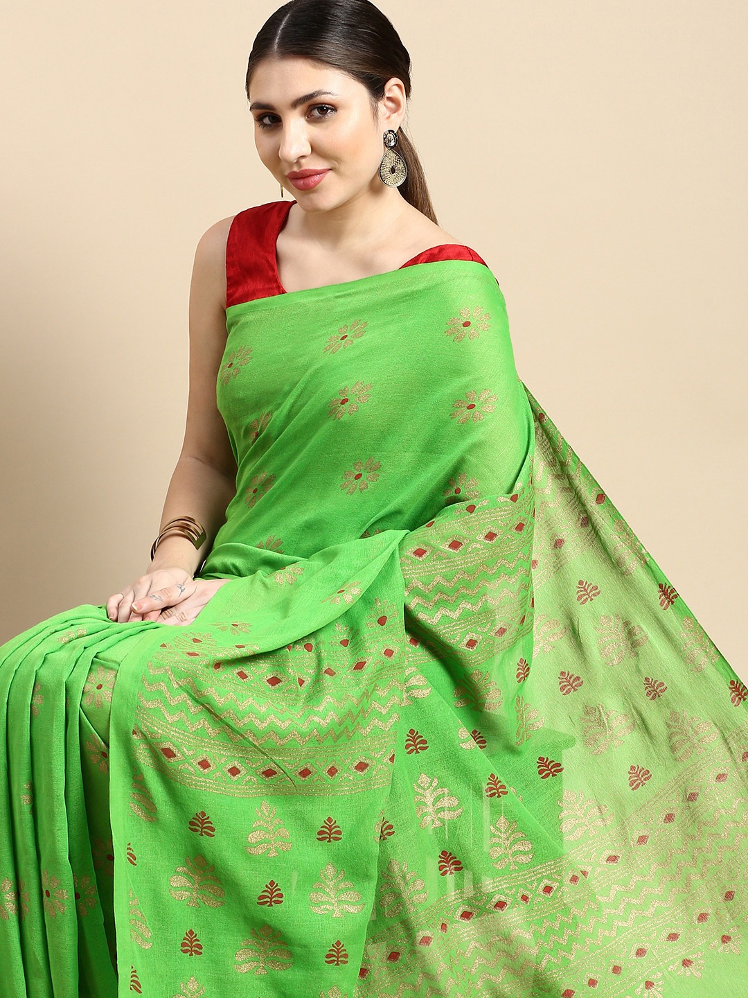 

DESH BIDESH Woven Design Ethnic Motifs Pure Cotton Khadi Saree, Green