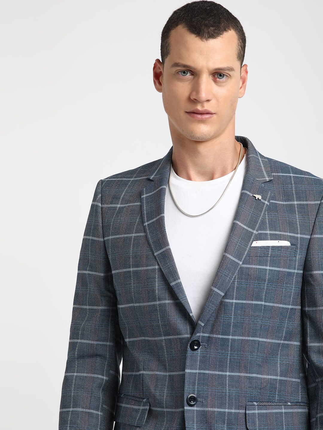 

THE BEAR HOUSE Checked Tailored Fit Single-Breasted Casual Blazer, Blue