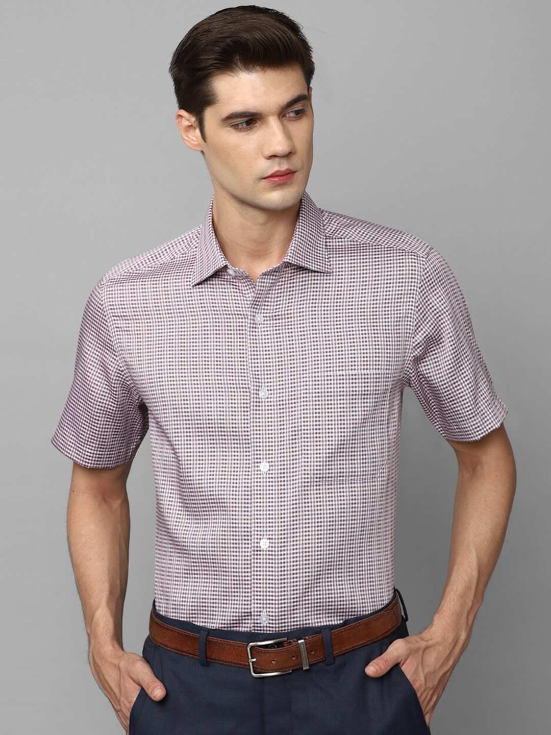 

Louis Philippe Micro Checked Short Sleeves Pure Cotton Formal Shirt, Purple