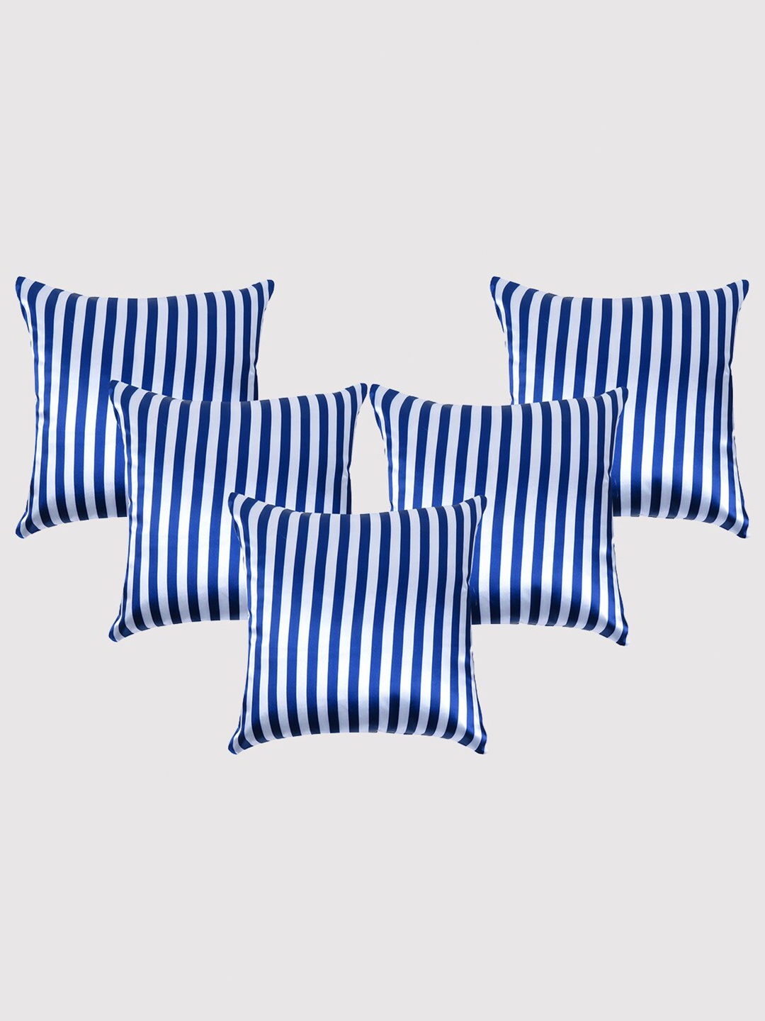 

OUSSUM Navy Blue & White 5 Pieces Striped Satin Square Cushion Covers