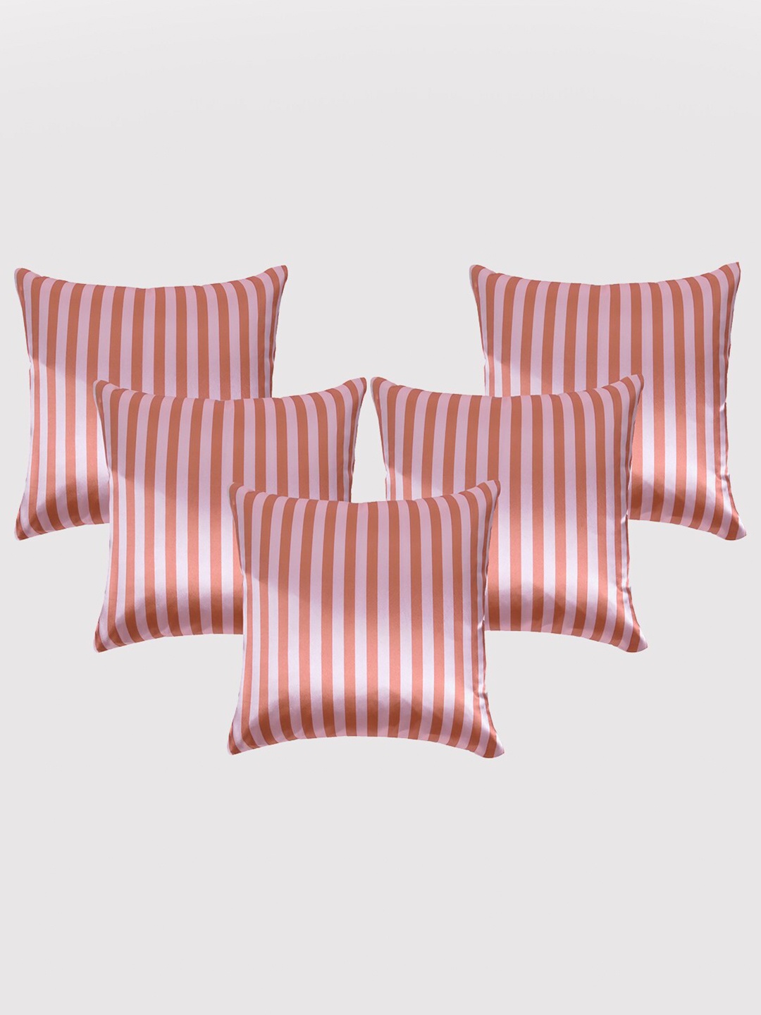 

OUSSUM Pink & White 5 Pieces Striped Satin Square Cushion Covers