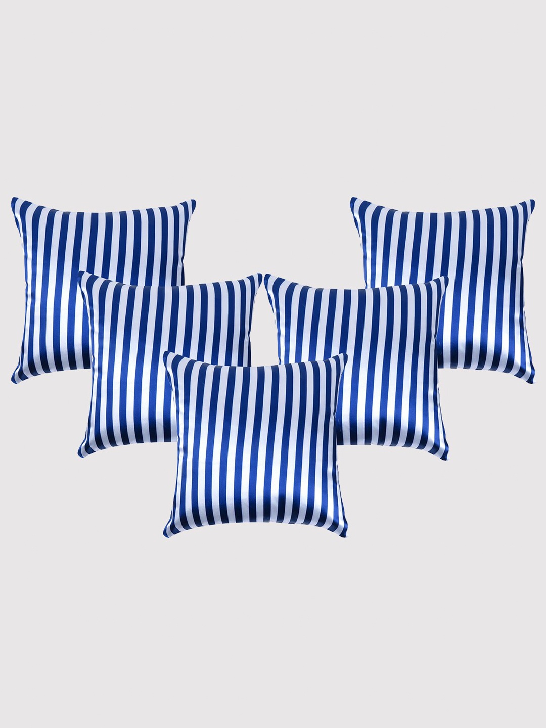 

OUSSUM Navy Blue & White 5 Pieces Striped Satin Square Cushion Covers