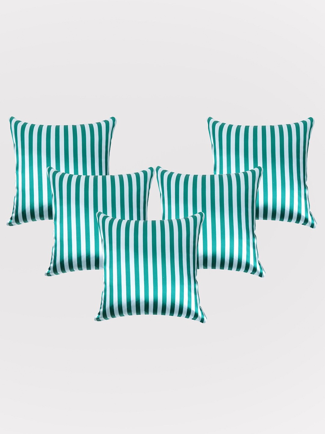 

OUSSUM Green & White 5 Pieces Striped Satin Square Cushion Covers