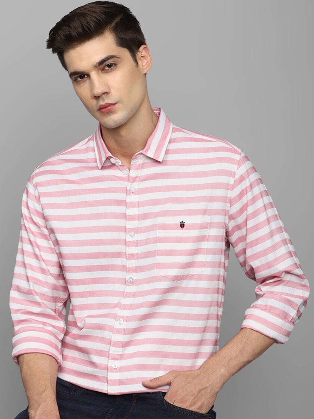 

Louis Philippe Jeans Horizontal Striped Slim Fit Casual Shirt, Pink