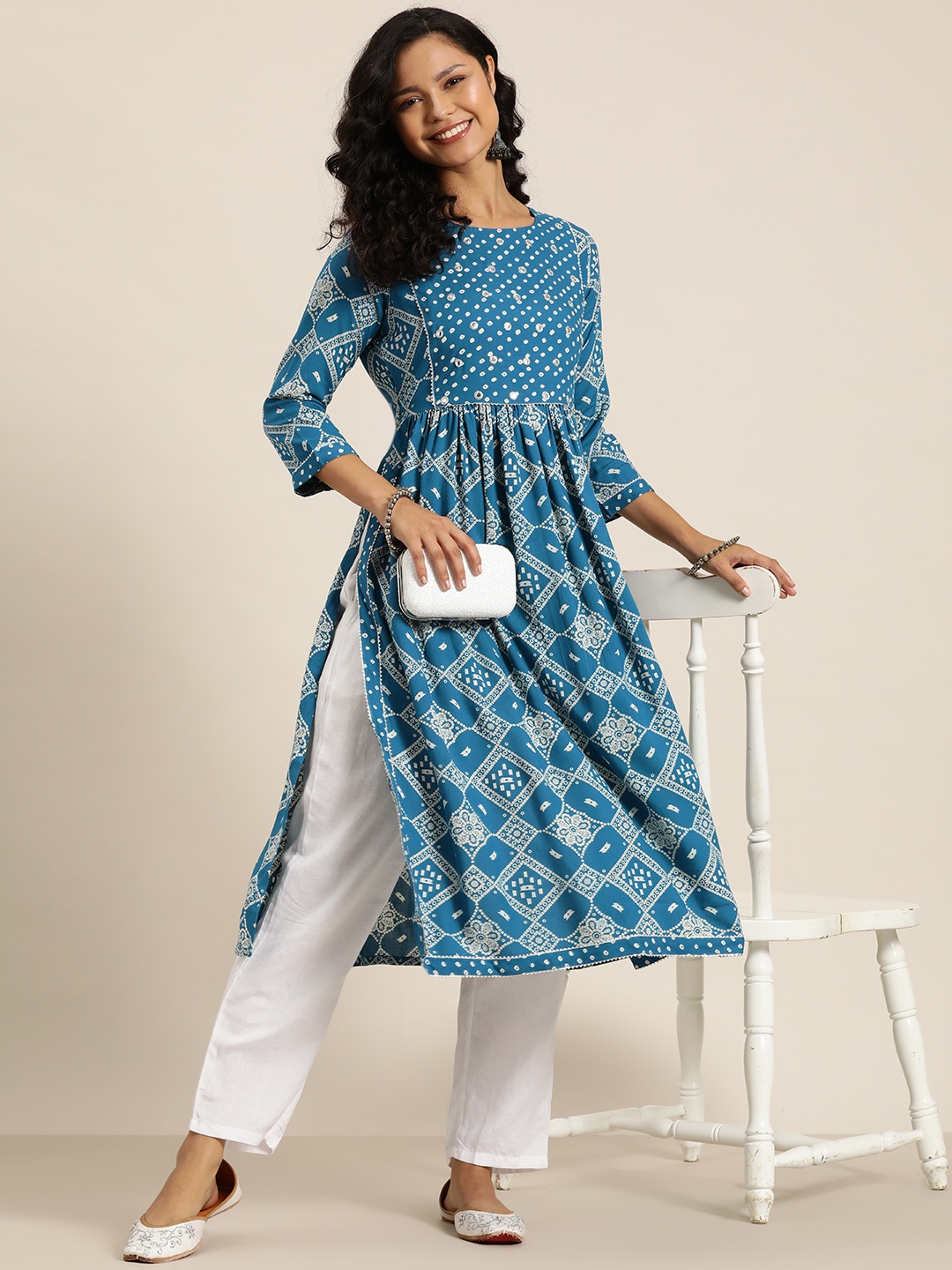 

HERE&NOW Bandhani Printed Mirror Work & Gotta Patti High Slit Kurta, Teal