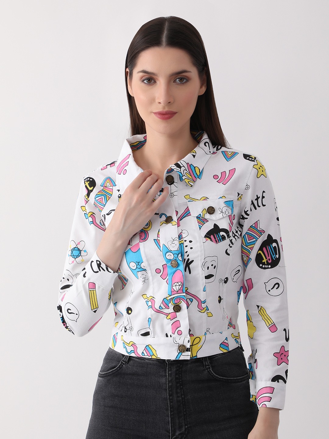 

DKGF FASHION Lightweight Spread Collar Cotton Denim Jacket, White