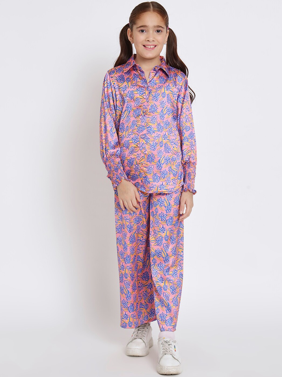 

Readiprint Fashions Girls Printed Satin Shirt With Trousers, Pink