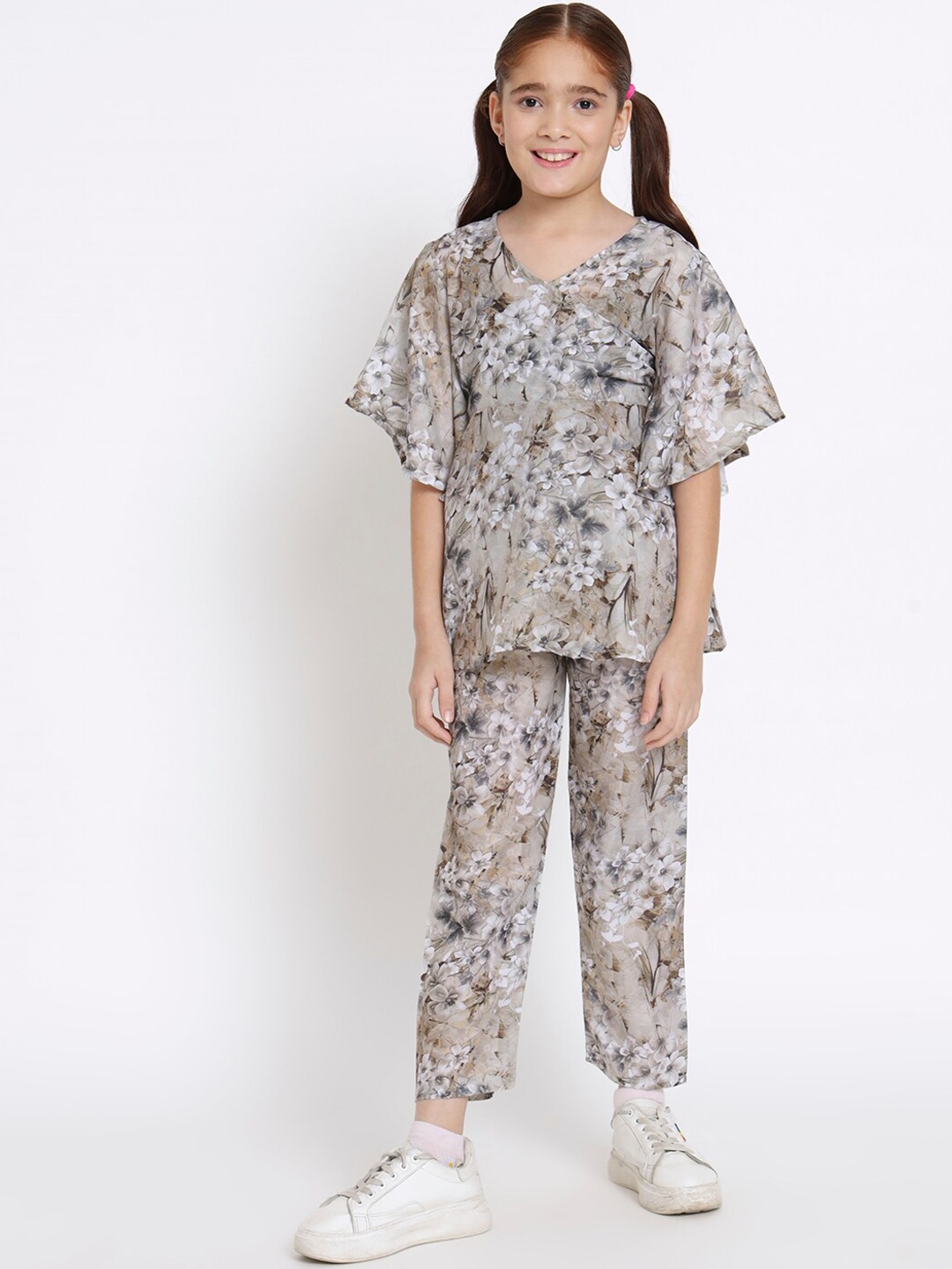 

Readiprint Girls Floral Printed Top With Palazzos, Taupe
