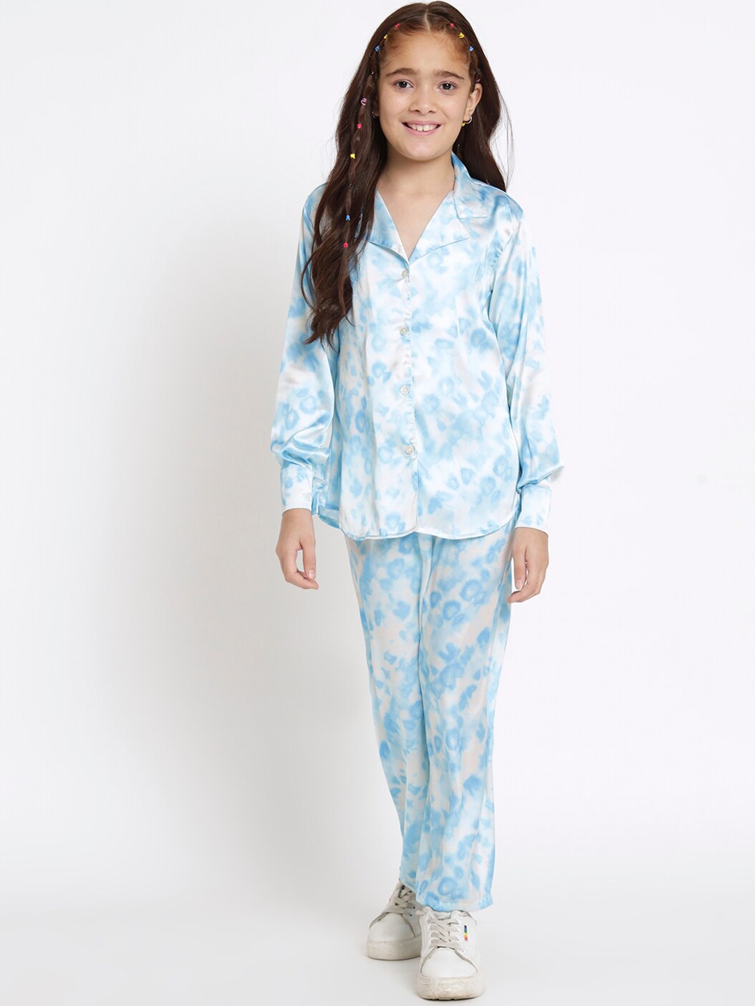 

Readiprint Fashions Girls Printed Satin Silk Shirt With Palazzos, Blue