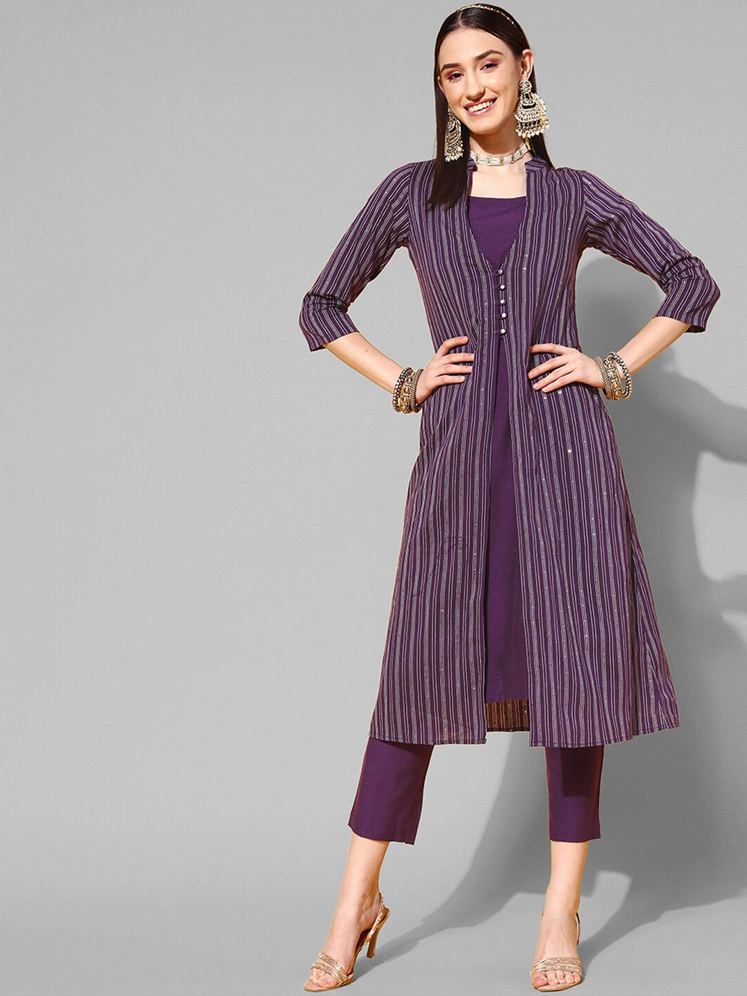 

KALINI Shoulder Straps Sequinned Kurta with Trousers & Striped Jacket, Purple