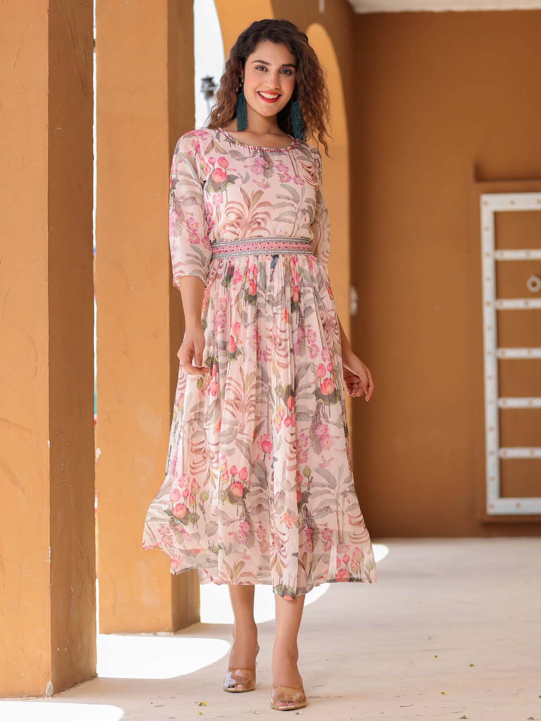 

Meena Bazaar Floral Printed Gathered Georgette Fit & Flare Dress With Embellished Belt, Pink