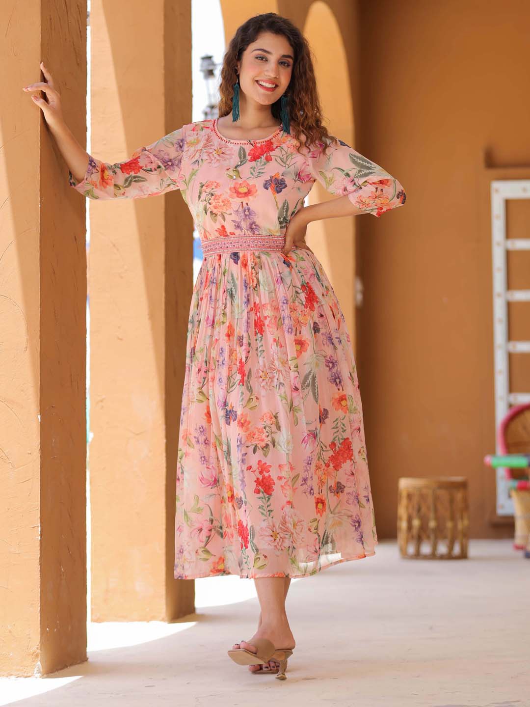 

Meena Bazaar Floral Printed Gathered Georgette Fit & Flare Dress With Embellished Belt, Peach