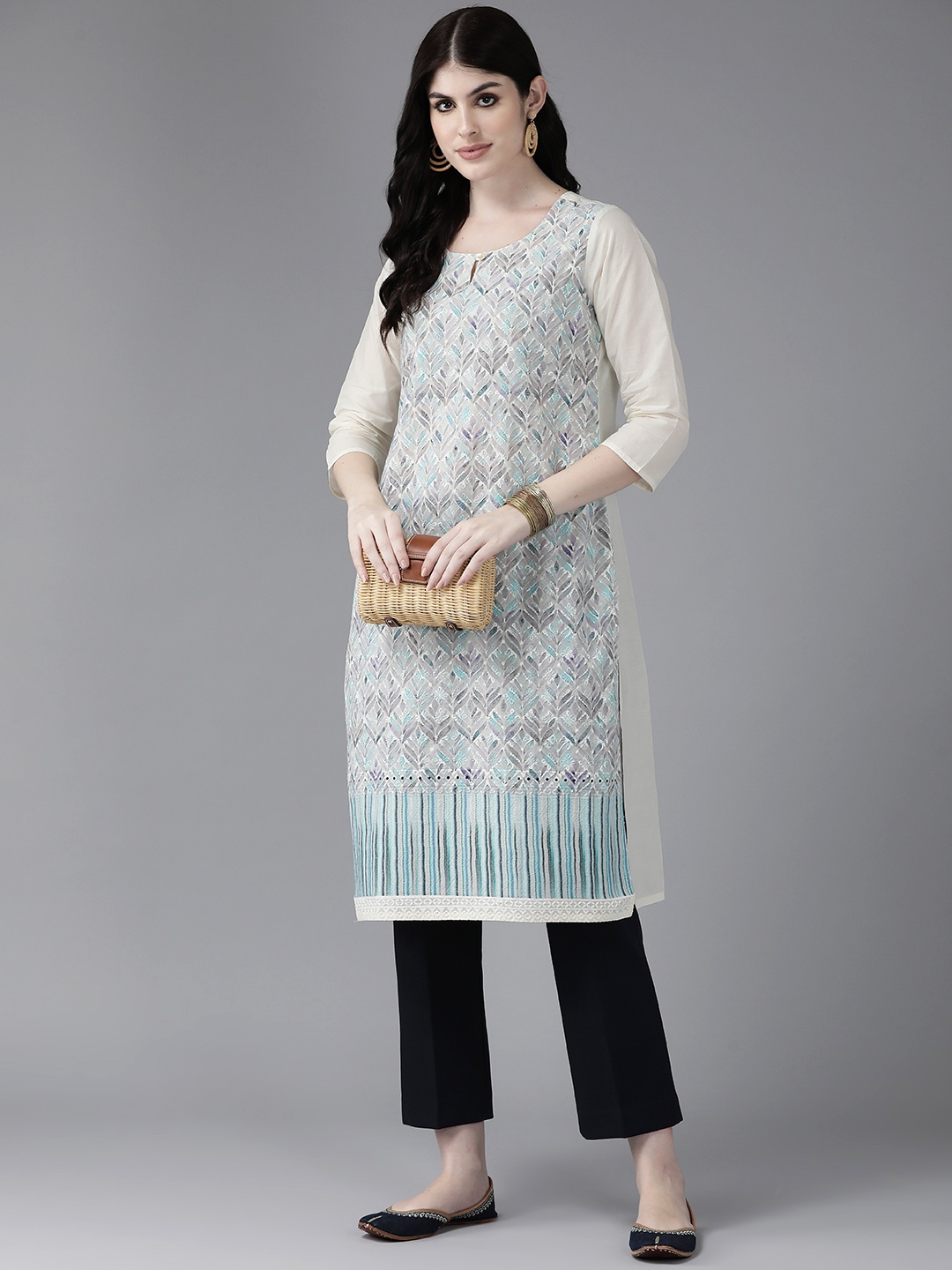 

Aarika Women Cream-Coloured & Blue Floral Embroidered Keyhole Neck Thread Work Floral Kurta