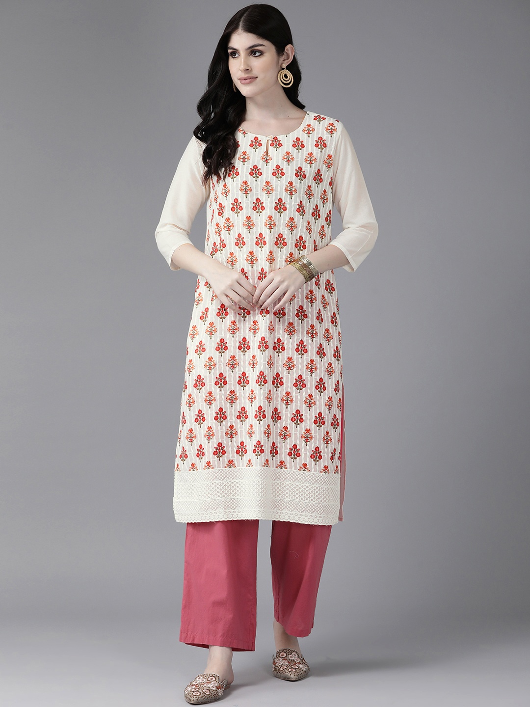 

Aarika Women Cream-Coloured & Orange Floral Embroidered Keyhole Neck Thread Work Floral Kurta