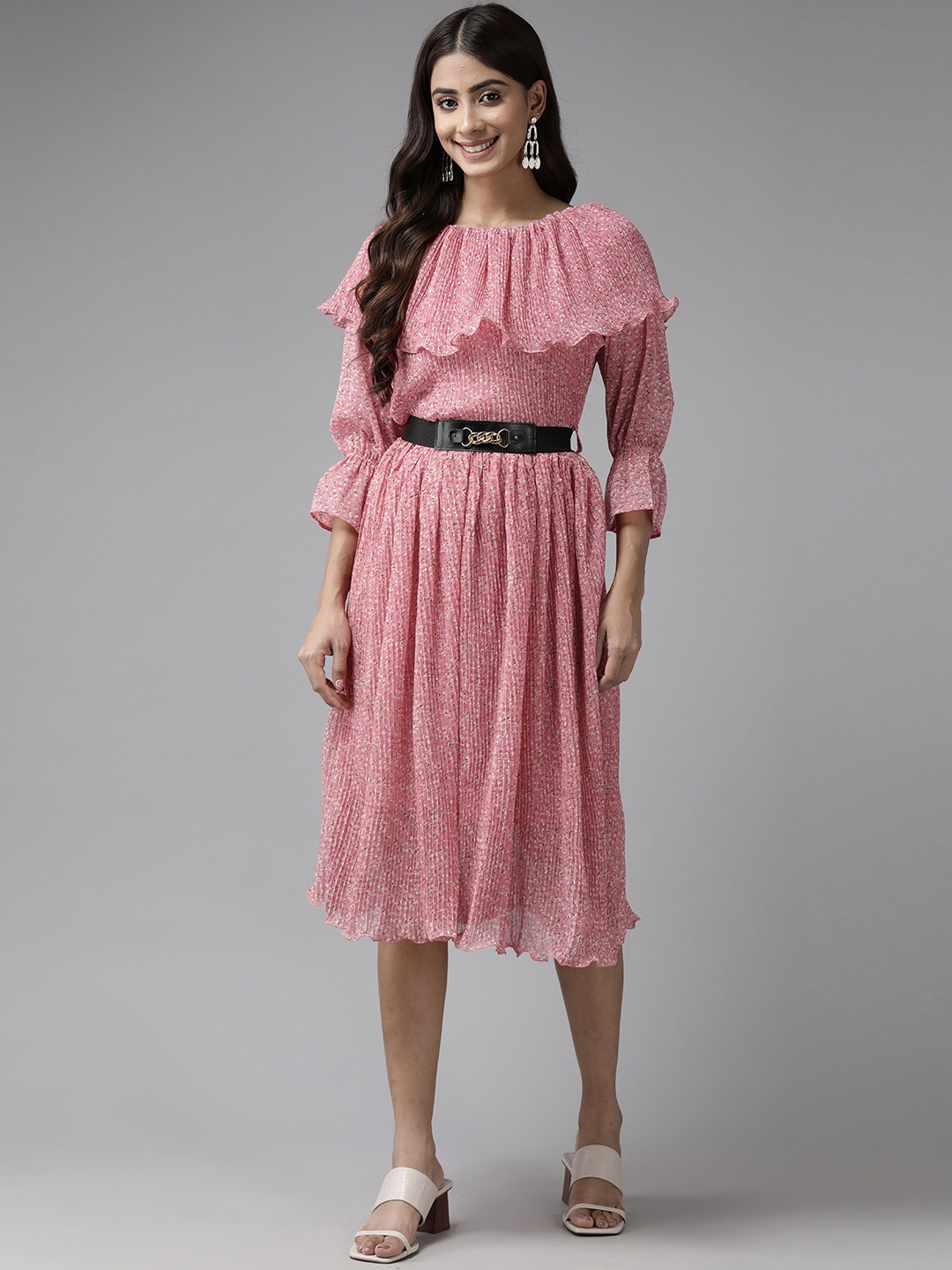 

Aarika Red Floral Print Puff Sleeve Layered Georgette Fit & Flare Dress